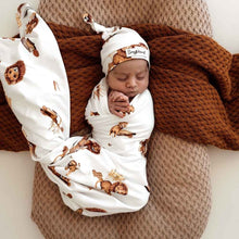 Load image into Gallery viewer, Jersey Baby Wrap &amp; Beanie Set: Lion