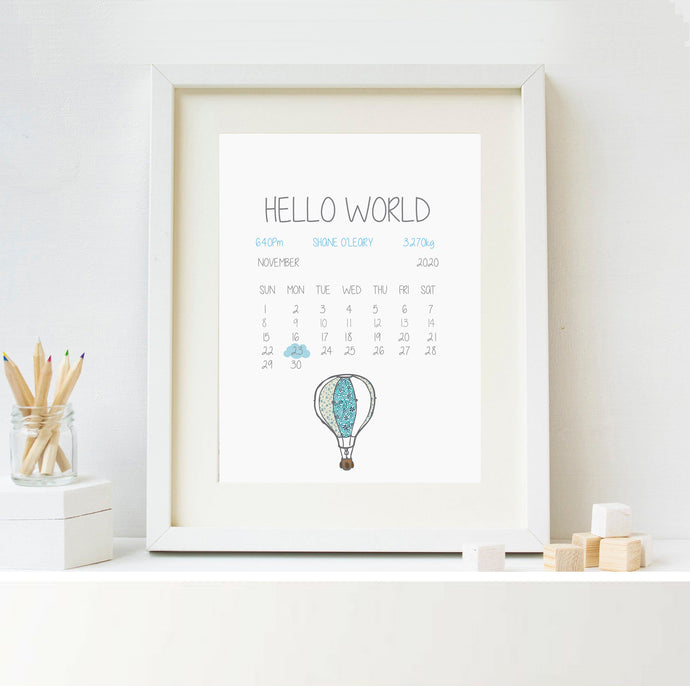 Framed Welcome To The World Print Blue Balloon - Personalised