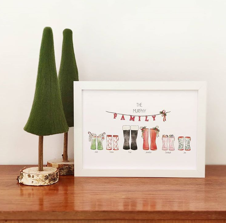 Framed Christmas Family Welly Print - Personalised