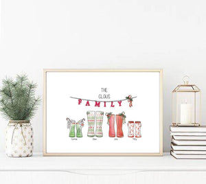 Framed Christmas Family Welly Print - Personalised