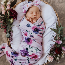 Load image into Gallery viewer, Jersey Baby Wrap &amp; Topknot Set: Floral Kiss
