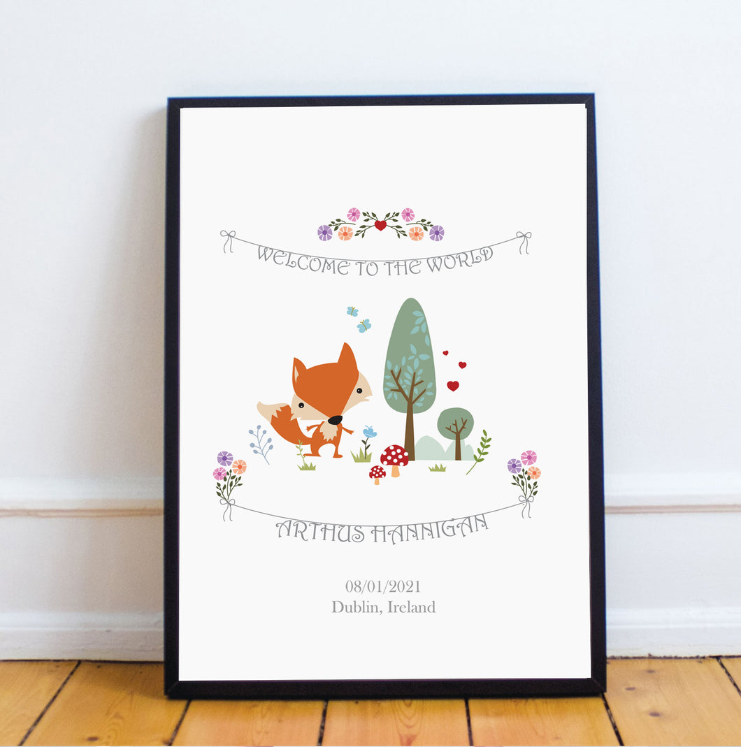 Fox Personalised Birth Print - Framed