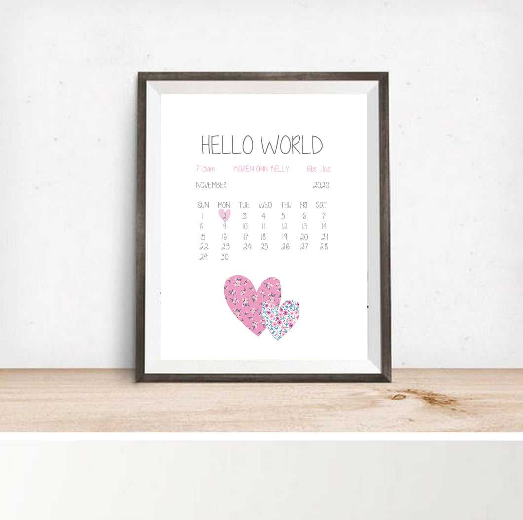 Framed Welcome To The World Print Pink Hearts - Personalised